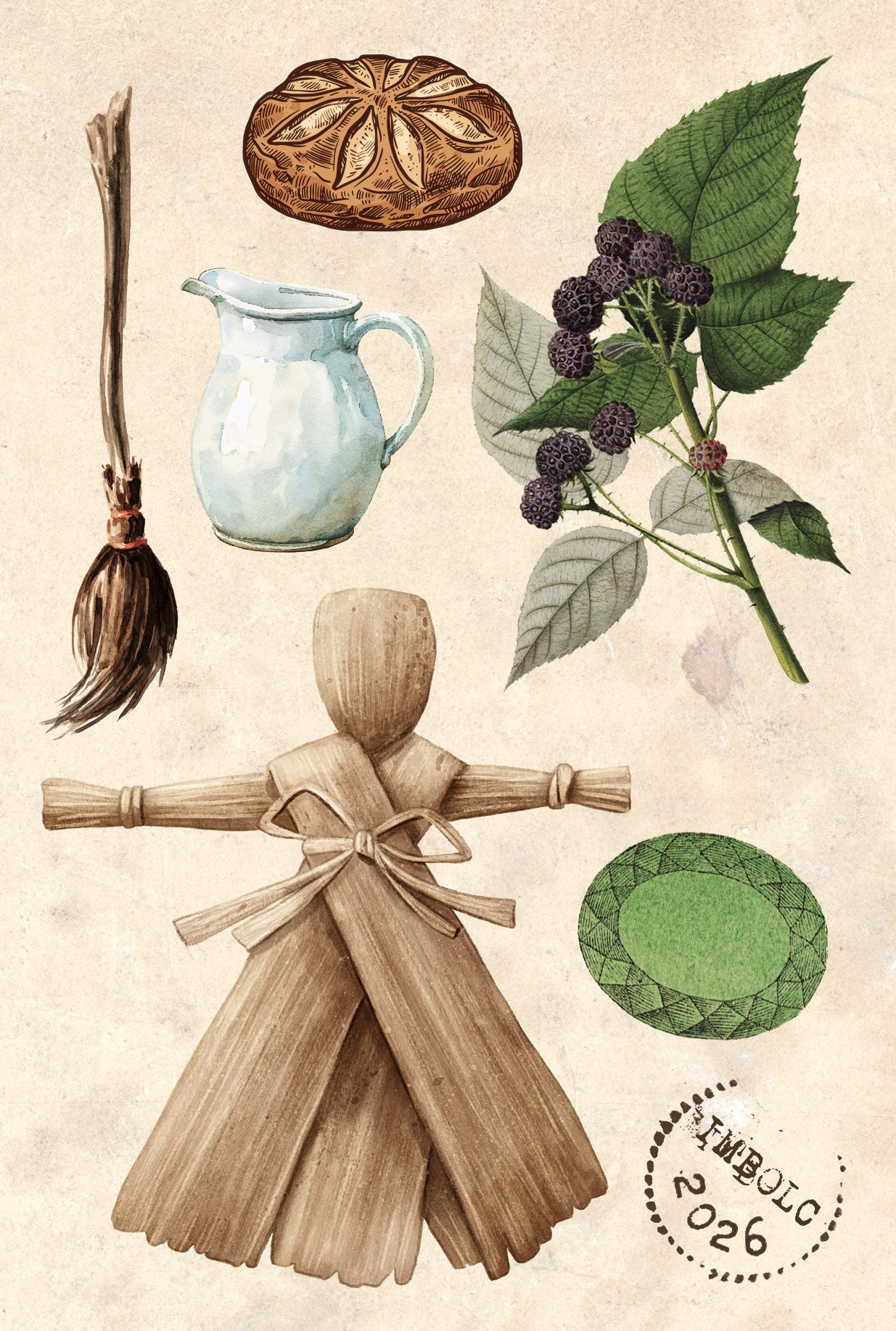 Illustration of a wooden doll, pitcher, broom, and blackberries on a textured beige background.