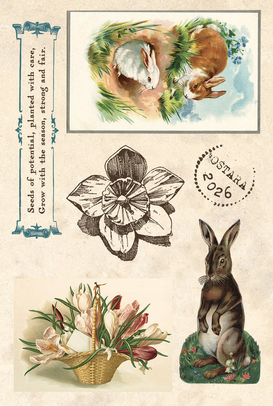 Vintage-style card with rabbits, flowers, and text on a light background